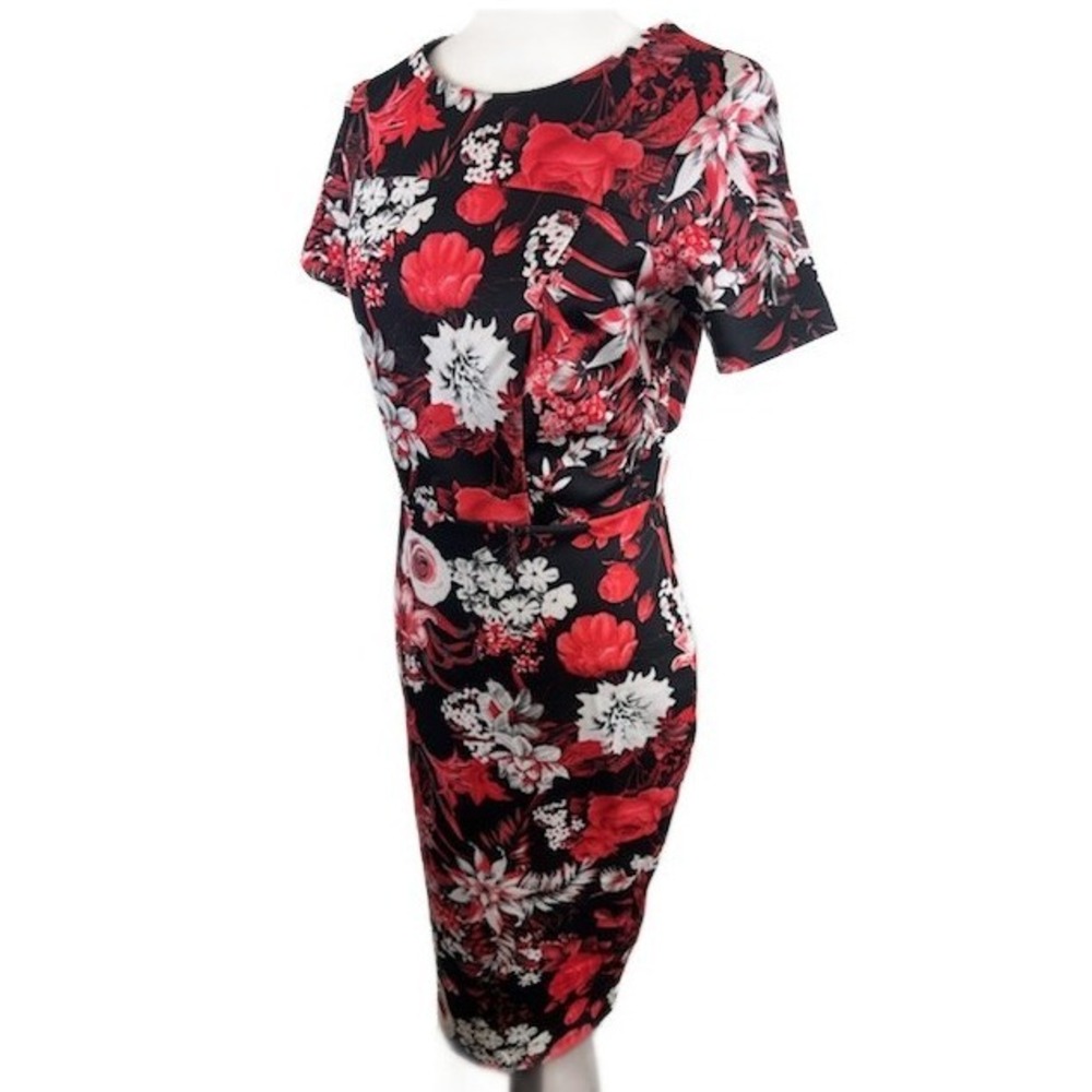 Neiman Marcus Red Black Floral Print Sheath Dress Bodycon‎ Size Medium